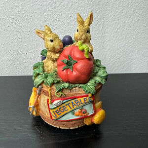 Bunny & Vegetables Basket Music Box Plays “My Favorite Things” Figurine Vintage